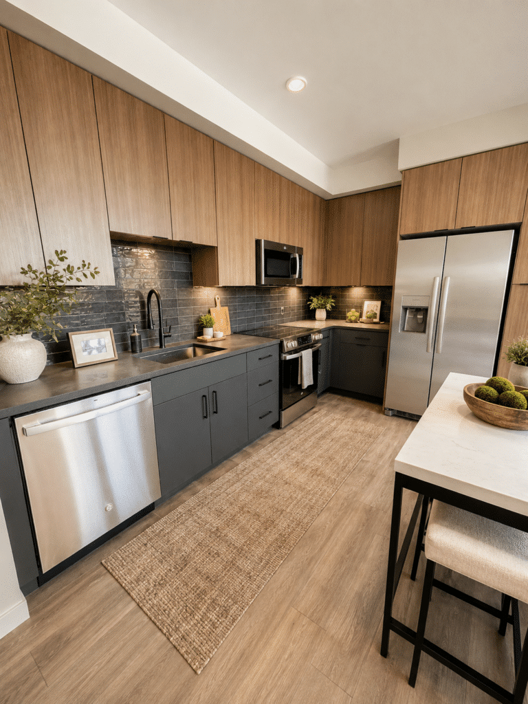 Modern kitchen with wood cabinets, stainless steel appliances, black tile backsplash, a woven rug, and an island with stools on the right side.