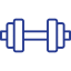Simple blue outline icon of a dumbbell on a light background.