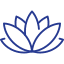 Simple blue line drawing of a lotus flower with five petals on a light gray background.